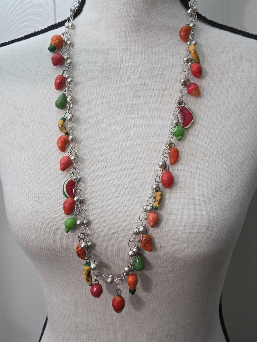vtg fruit salad bead link silver tone dangle long carmen miranda style 30in